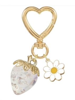 Strawberry & Daisy Flower Bag Charm Keychain Gold Heart Clasp Summer